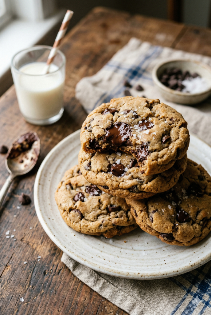 Soft sourdough chocolate chip cookies with melted chocolate and golden edges