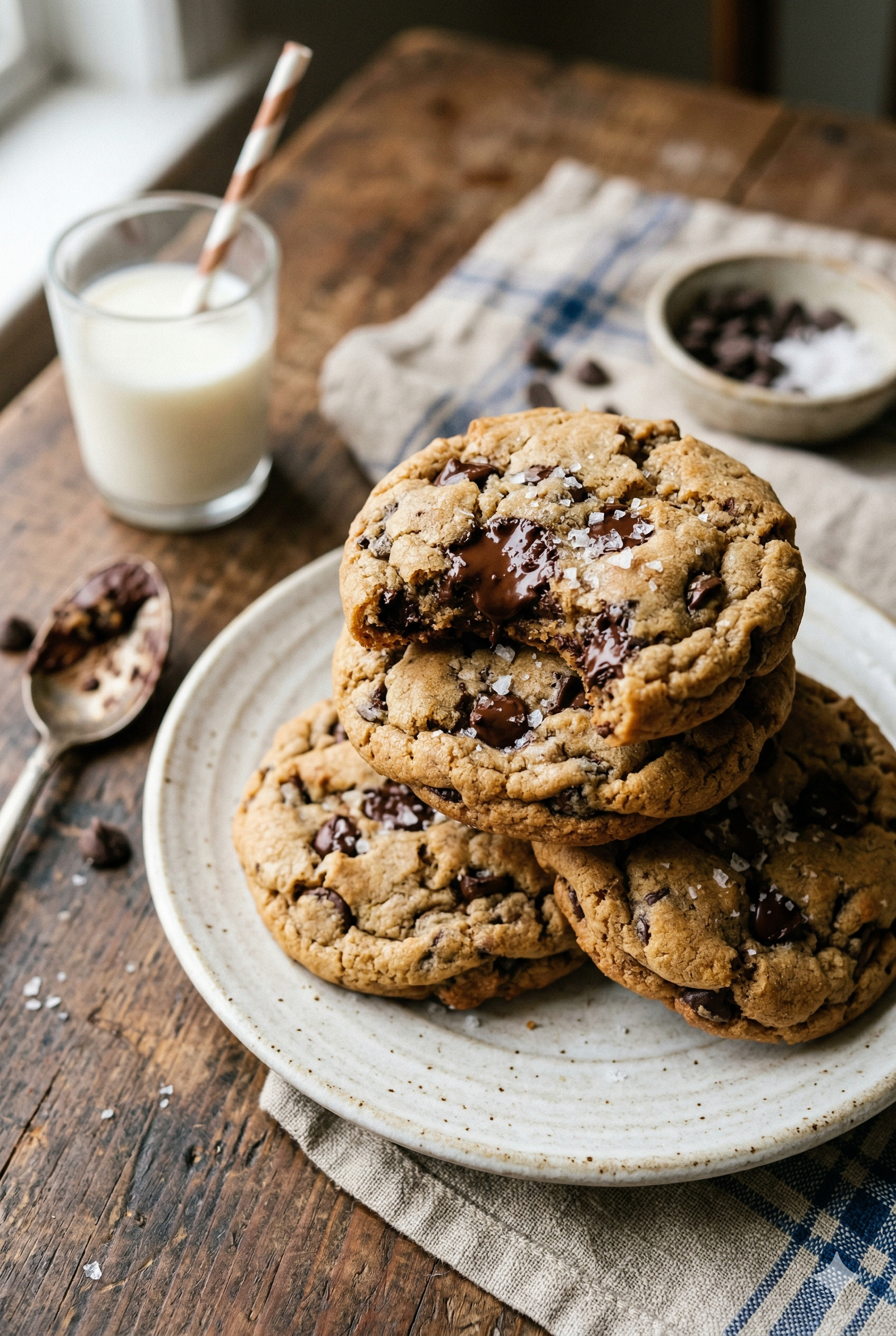 Soft sourdough chocolate chip cookies with melted chocolate and golden edges
