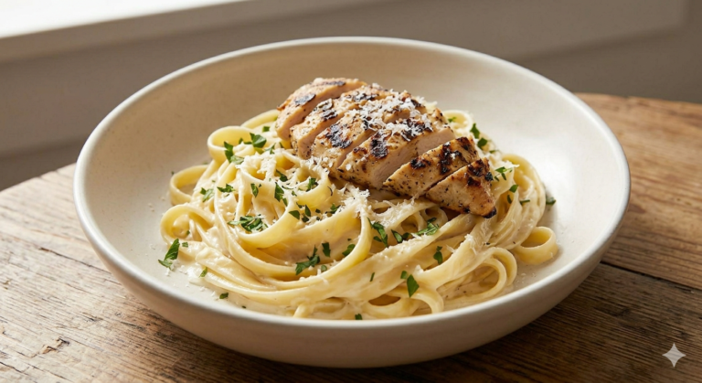 Creamy alfredo pasta with rich white sauce garnished with parsley