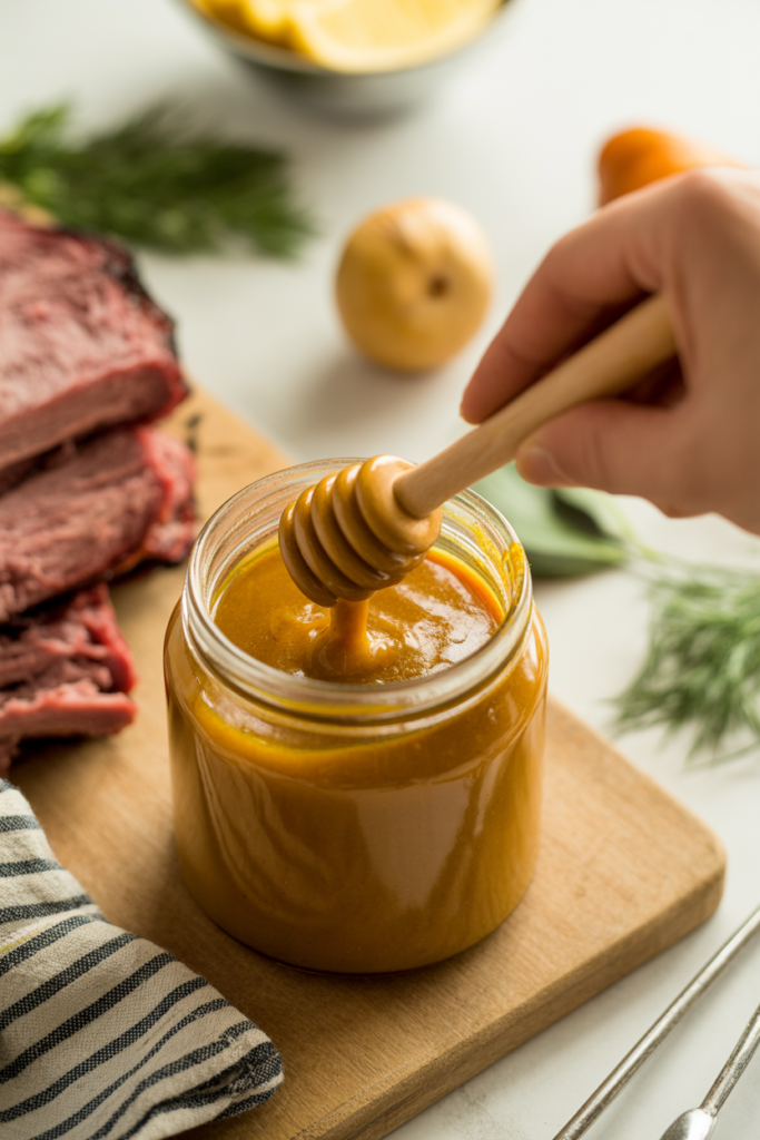 Homemade honey mustard barbecue sauce in a glass jar with spoon
