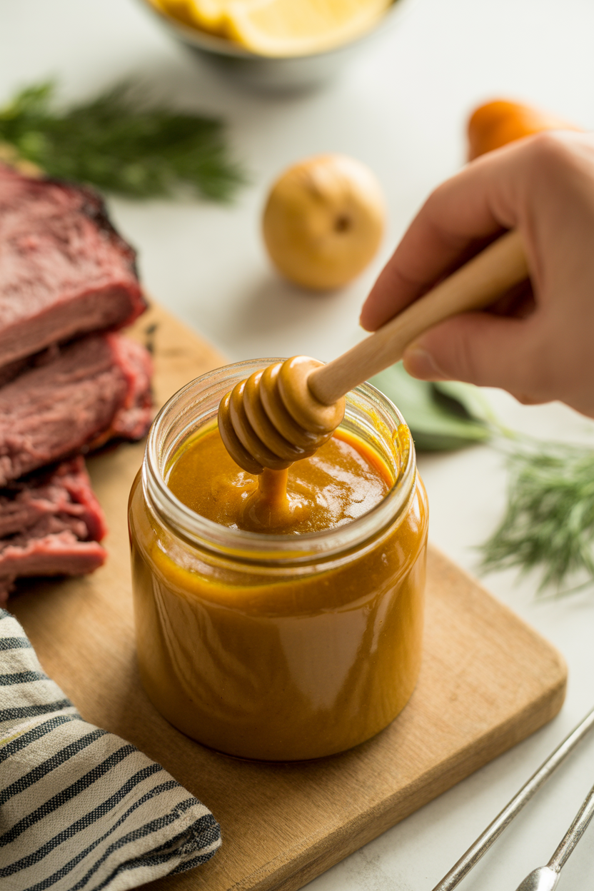 Homemade honey mustard barbecue sauce in a glass jar with spoon