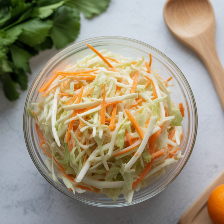 A bowl of fresh homemade coleslaw made with shredded cabbage, carrots, and creamy dressing.