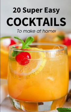 Colorful homemade cocktail recipes drinks served with fresh fruits, mint leaves, and ice in stylish glasses.