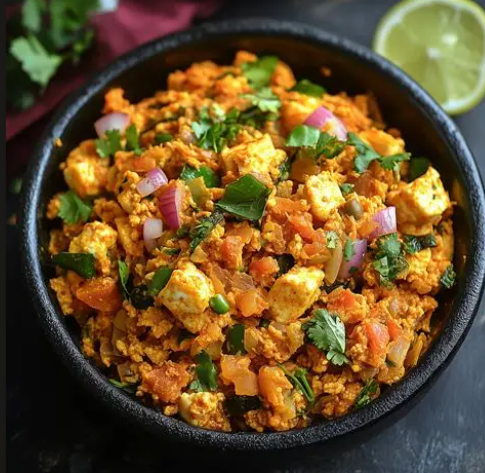 Spicy and creamy paneer bhurji recipe served in a bowl with coriander garnish