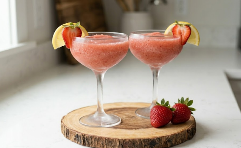 Glass of homemade boozy frozen strawberry lemonade topped with fresh strawberries and lemon slices.