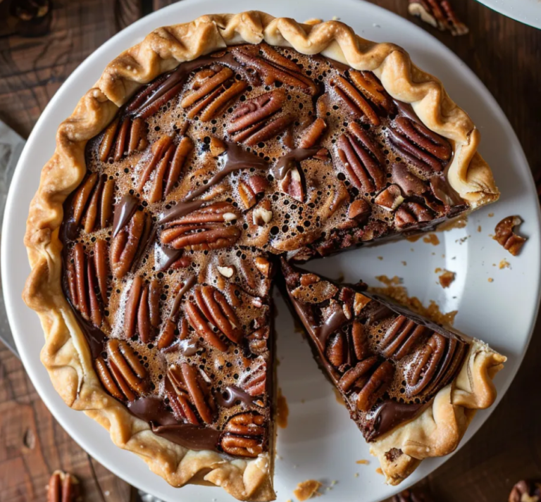 Freshly baked chocolate bourbon pecan pie topped with crunchy pecans and rich chocolate filling.