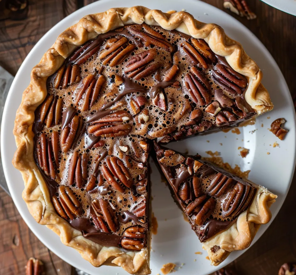 Freshly baked chocolate bourbon pecan pie topped with crunchy pecans and rich chocolate filling.