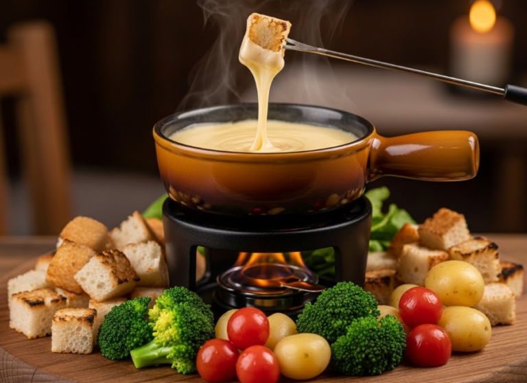 Classic Swiss cheese fondue served in a traditional fondue pot with bread cubes for dipping.