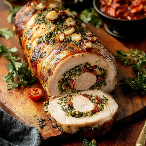 Easy pesto-stuffed pork loin with prosciutto and Parmesan cheese sliced to reveal a flavorful pesto spiral filling