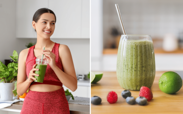 Fresh and healthy smoothie recipes for weight loss made with berries, banana, spinach, and chia seeds served in glass jars.