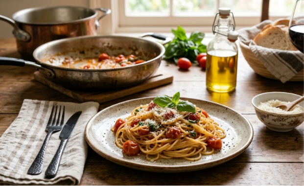 Easy summer pasta recipe with cherry tomatoes, fresh basil, Parmesan cheese, and olive oil served in a bowl.