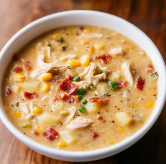 A warm bowl of creamy chicken corn chowder made with juicy chicken, sweet corn, potatoes, and a rich, flavorful broth.