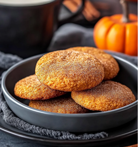 Freshly baked pumpkin snickerdoodle cookies coated in cinnamon sugar on a cooling rack.