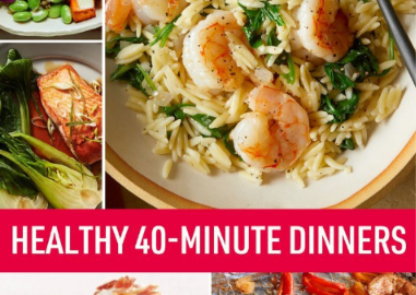 A table filled with 10 healthy dinner recipes including salmon, chicken, lentils, pasta, shrimp, turkey meatballs, salad, and brown rice, ready in 40 minutes or less.
