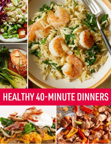 A table filled with 10 healthy dinner recipes including salmon, chicken, lentils, pasta, shrimp, turkey meatballs, salad, and brown rice, ready in 40 minutes or less.