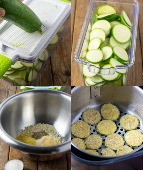 air fryer zucchini chips Golden, crispy air fryer zucchini chips served on a plate with a creamy dipping sauce.