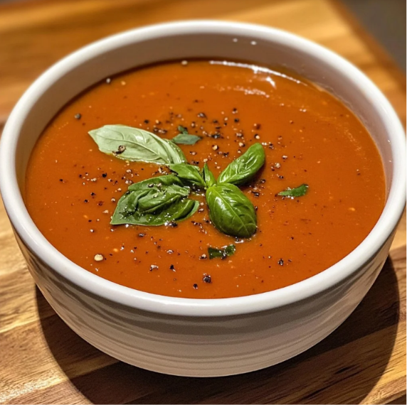 Fresh roasted tomato basil soup served in a bowl with basil leaves and crusty bread