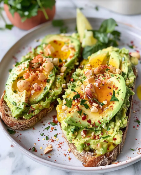 High Protein Avocado Toast topped with cottage cheese, egg, fresh herbs, and cherry tomatoes on crispy whole-grain bread