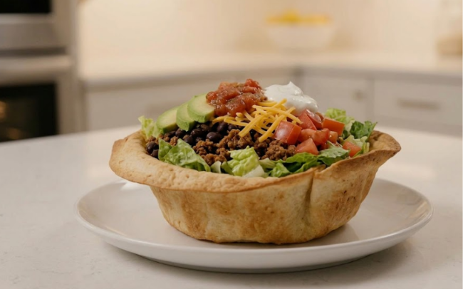 Crispy homemade taco salad shells made with golden flour tortillas